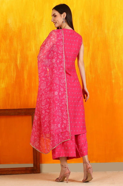 W for Woman Pink Embroidered Shantung Sleeveless Kurta, Cropped Pants and Dupatta Set