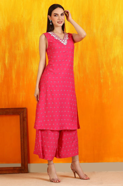W for Woman Pink Embroidered Shantung Sleeveless Kurta, Cropped Pants and Dupatta Set