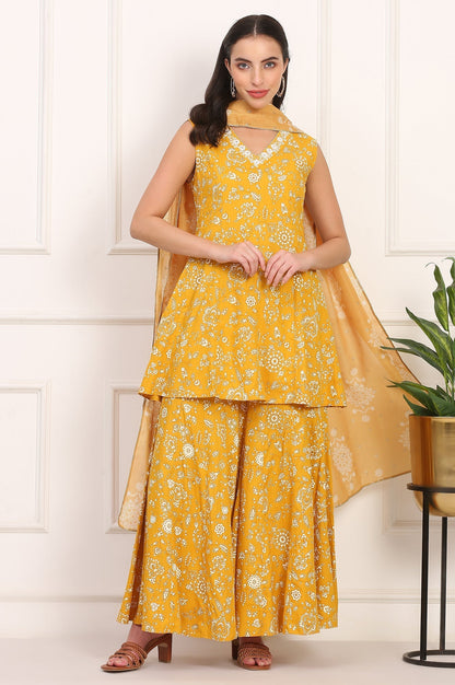 W for Woman Mango Yellow Floral Printed Embroidered Neck Flared Kurta, Sharara and Dupatta Set