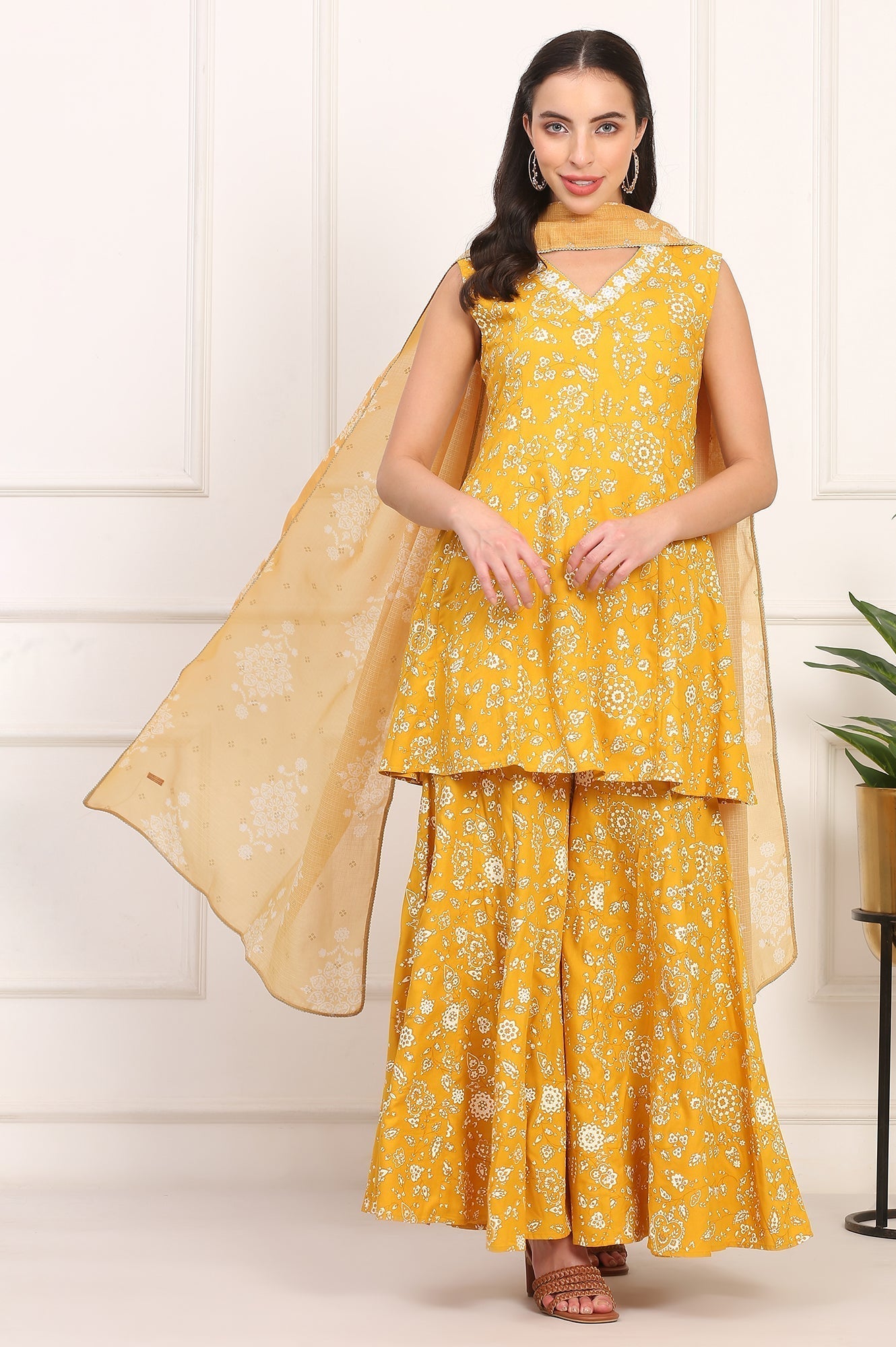 W for Woman Mango Yellow Floral Printed Embroidered Neck Flared Kurta, Sharara and Dupatta Set