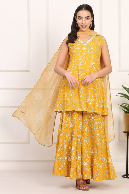 W for Woman Mango Yellow Floral Printed Embroidered Neck Flared Kurta, Sharara and Dupatta Set