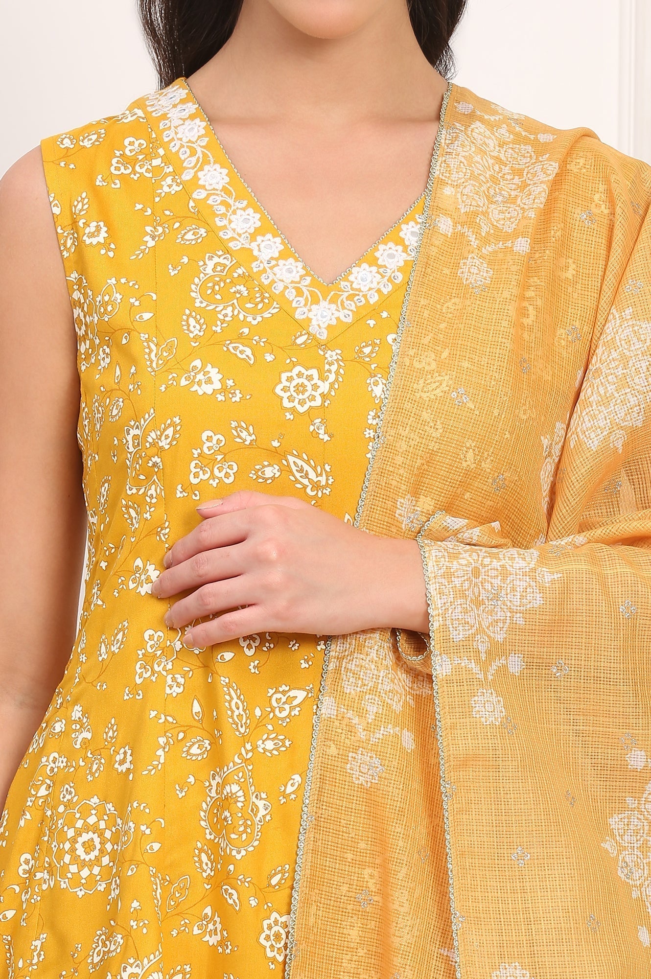 W for Woman Mango Yellow Floral Printed Embroidered Neck Flared Kurta, Sharara and Dupatta Set