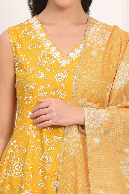 W for Woman Mango Yellow Floral Printed Embroidered Neck Flared Kurta, Sharara and Dupatta Set