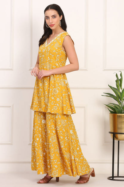 W for Woman Mango Yellow Floral Printed Embroidered Neck Flared Kurta, Sharara and Dupatta Set