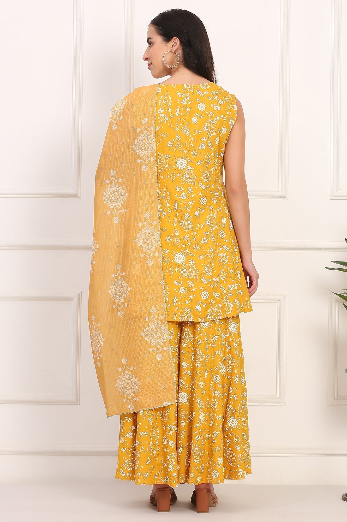 W for Woman Mango Yellow Floral Printed Embroidered Neck Flared Kurta, Sharara and Dupatta Set