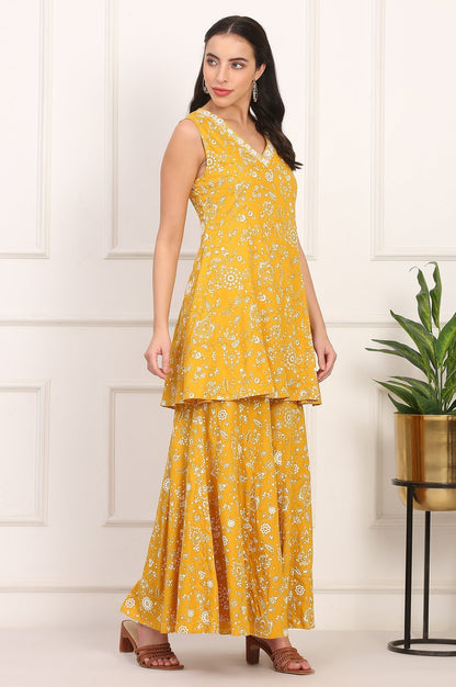 W for Woman Mango Yellow Floral Printed Embroidered Neck Flared Kurta, Sharara and Dupatta Set
