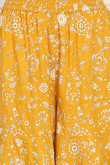 W for Woman Mango Yellow Floral Printed Embroidered Neck Flared Kurta, Sharara and Dupatta Set