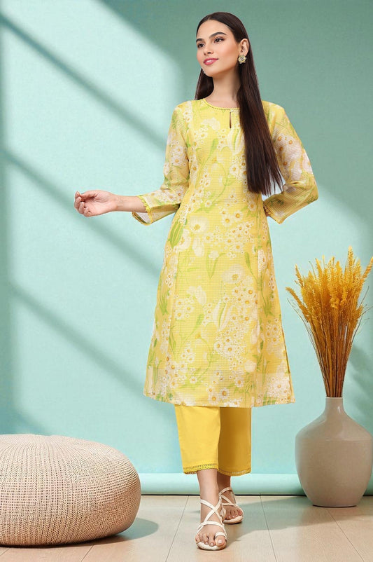 W for Woman Yellow Floral Printed Straight Kota Kurta and Pants Set