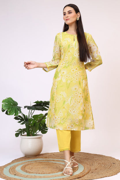 W for Woman Yellow Floral Printed Straight Kota Kurta and Pants Set