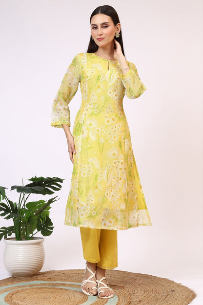 W for Woman Yellow Floral Printed Straight Kota Kurta and Pants Set