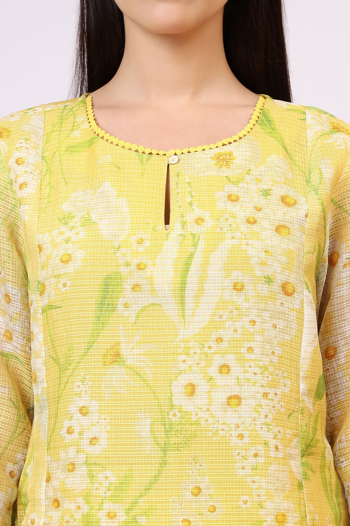 W for Woman Yellow Floral Printed Straight Kota Kurta and Pants Set