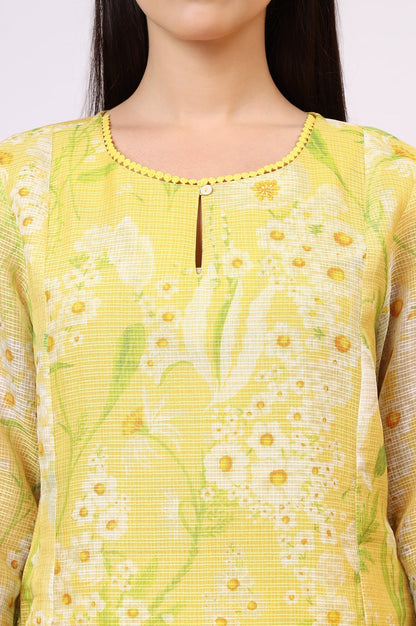 W for Woman Yellow Floral Printed Straight Kota Kurta and Pants Set