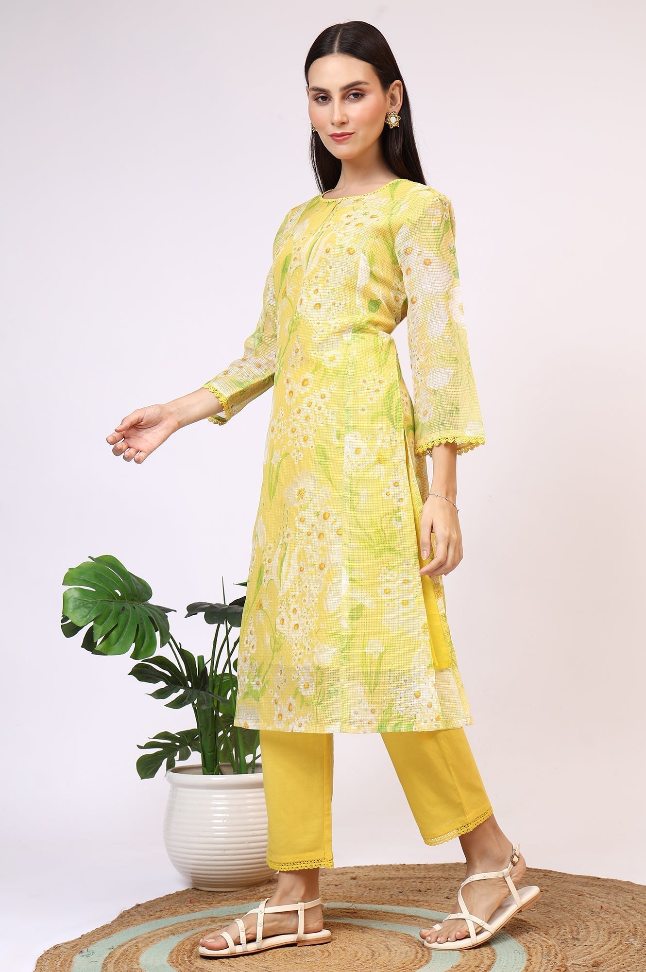 W for Woman Yellow Floral Printed Straight Kota Kurta and Pants Set