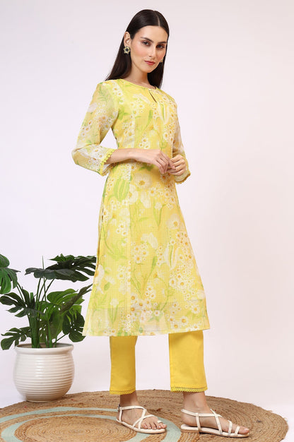 W for Woman Yellow Floral Printed Straight Kota Kurta and Pants Set