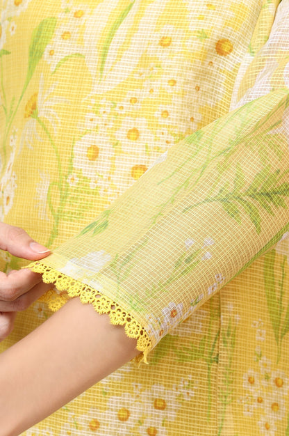 W for Woman Yellow Floral Printed Straight Kota Kurta and Pants Set