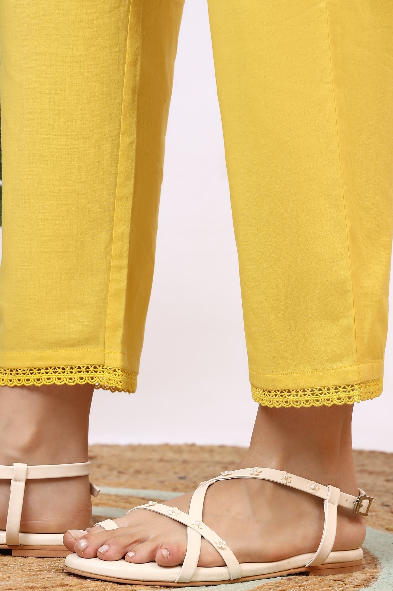 W for Woman Yellow Floral Printed Straight Kota Kurta and Pants Set
