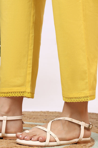 W for Woman Yellow Floral Printed Straight Kota Kurta and Pants Set