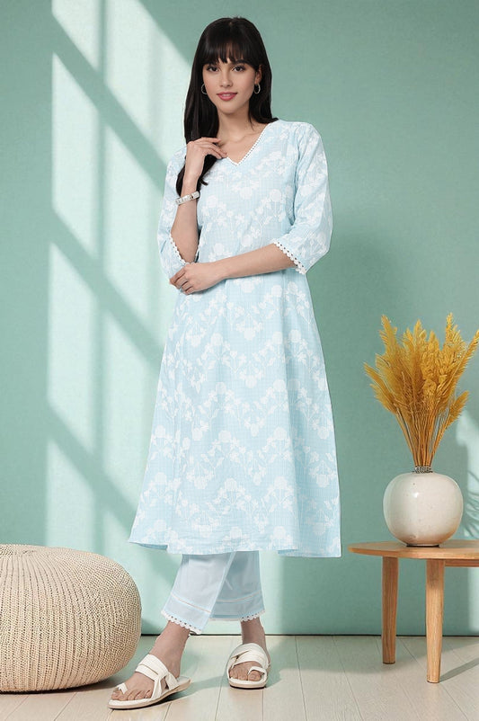 W for Woman Sky Blue Floral Printed Pure Cotton Straight Kurta and Pants Co-ord Set