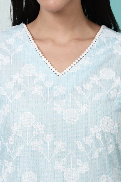 W for Woman Sky Blue Floral Printed Pure Cotton Straight Kurta and Pants Co-ord Set
