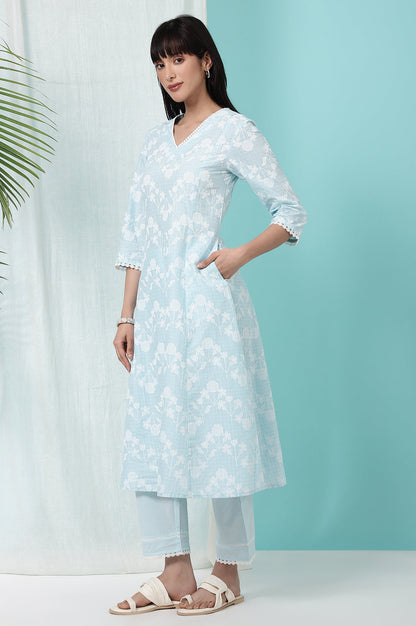W for Woman Sky Blue Floral Printed Pure Cotton Straight Kurta and Pants Co-ord Set