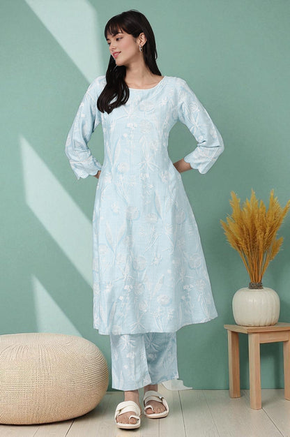 W for Woman Sky Blue Floral Printed A-line Kurta and Pants Co-ord Set