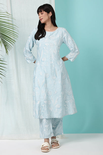 W for Woman Sky Blue Floral Printed A-line Kurta and Pants Co-ord Set