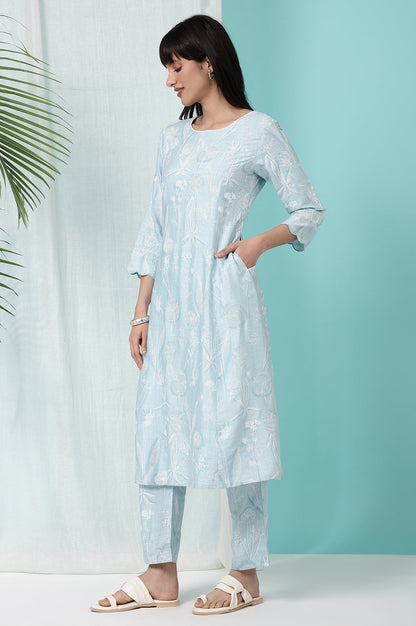 W for Woman Sky Blue Floral Printed A-line Kurta and Pants Co-ord Set