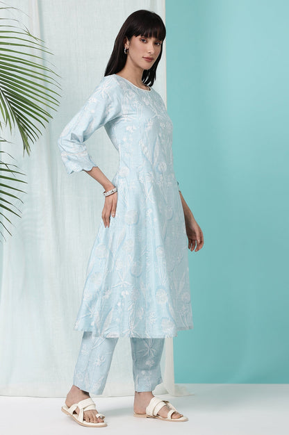 W for Woman Sky Blue Floral Printed A-line Kurta and Pants Co-ord Set