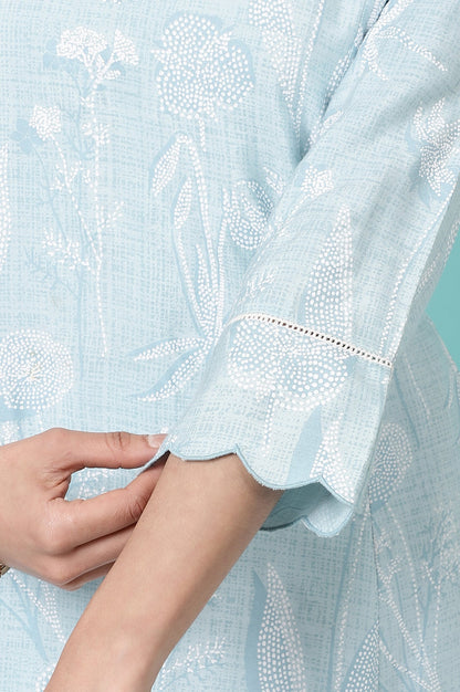 W for Woman Sky Blue Floral Printed A-line Kurta and Pants Co-ord Set