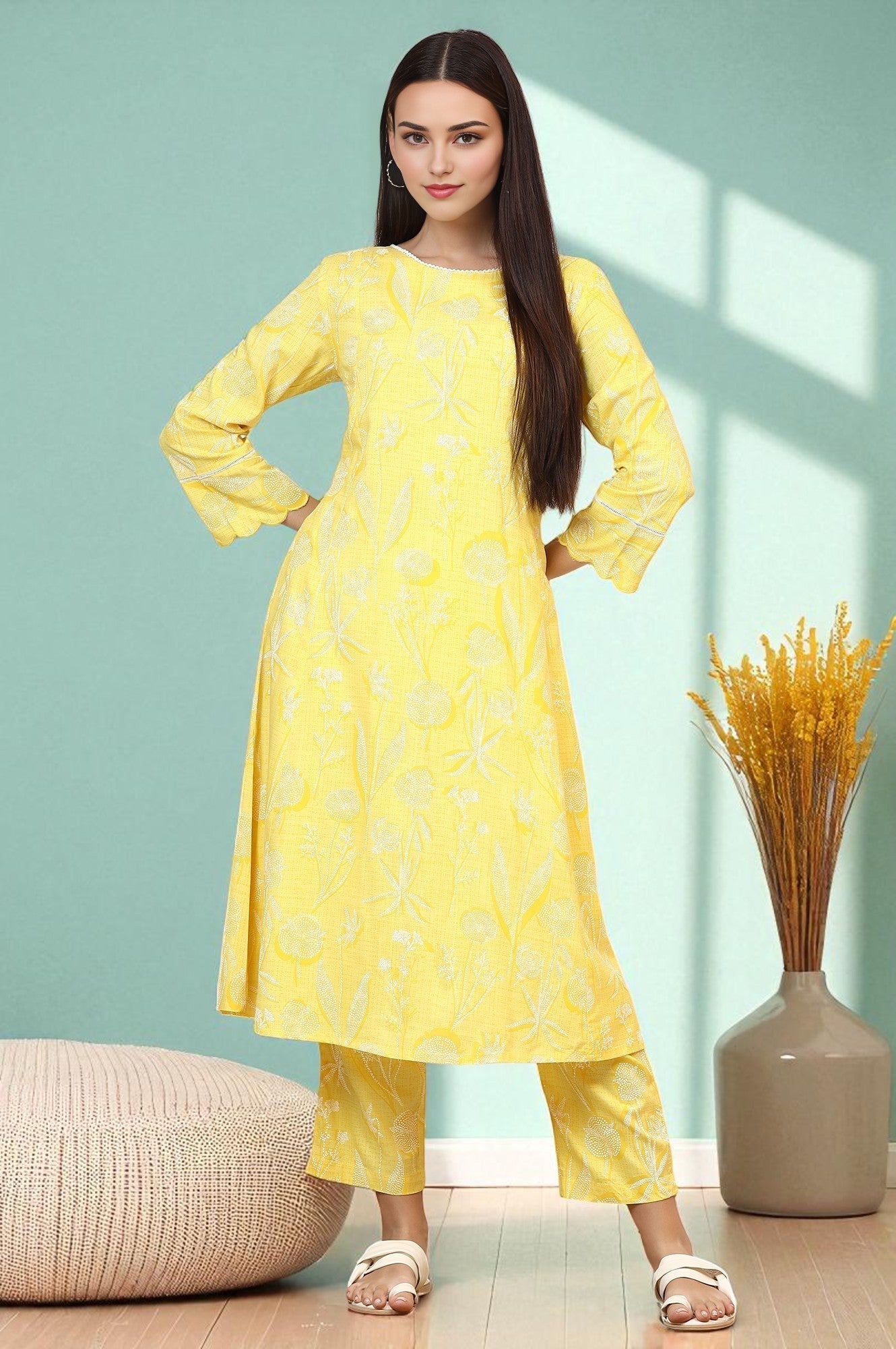 W for Woman Yellow Floral Printed Rayon A-line Kurta and Pants Set