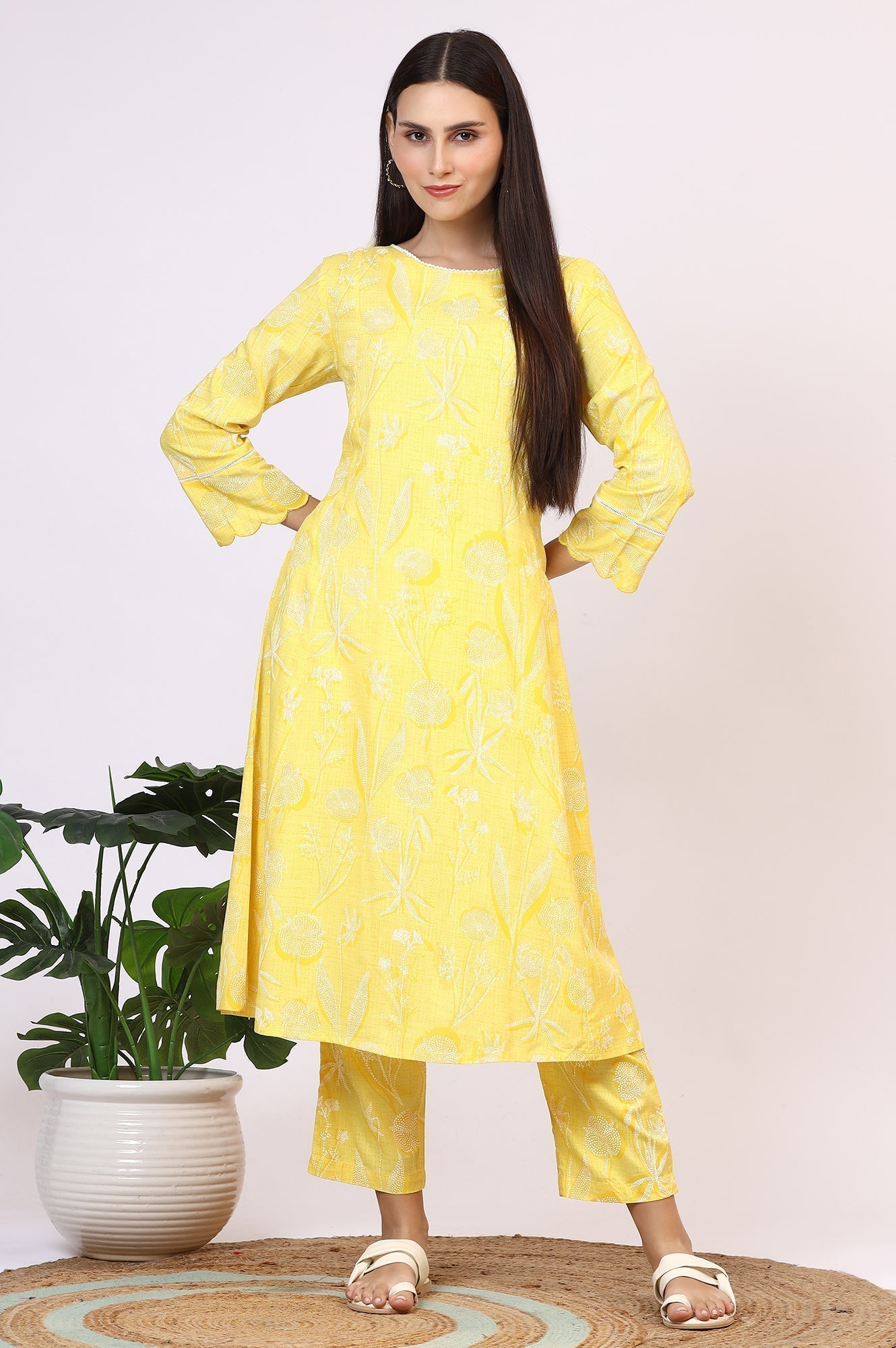 W for Woman Yellow Floral Printed Rayon A-line Kurta and Pants Set
