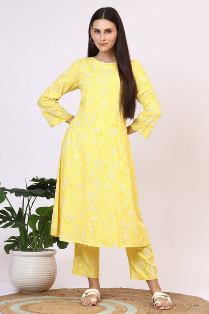 W for Woman Yellow Floral Printed Rayon A-line Kurta and Pants Set