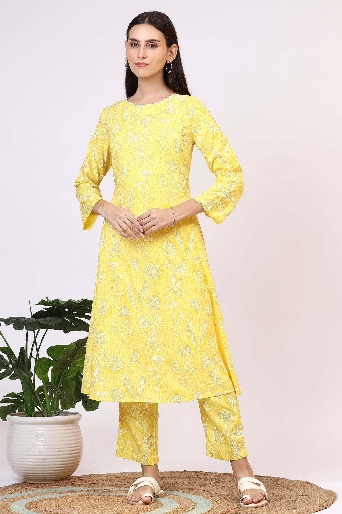 W for Woman Yellow Floral Printed Rayon A-line Kurta and Pants Set