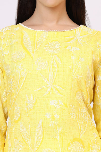 W for Woman Yellow Floral Printed Rayon A-line Kurta and Pants Set