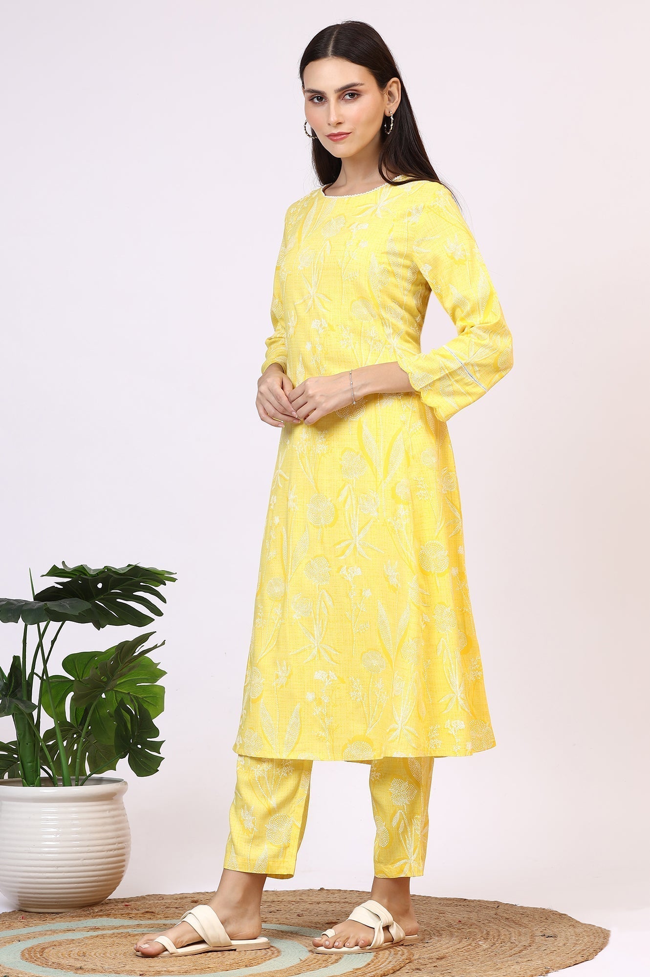 W for Woman Yellow Floral Printed Rayon A-line Kurta and Pants Set
