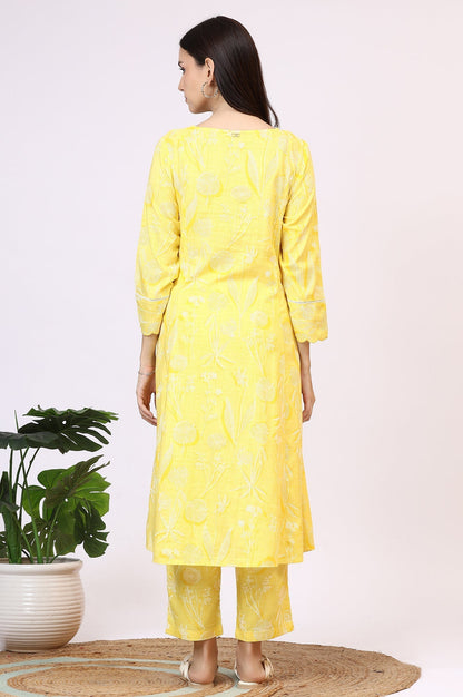 W for Woman Yellow Floral Printed Rayon A-line Kurta and Pants Set