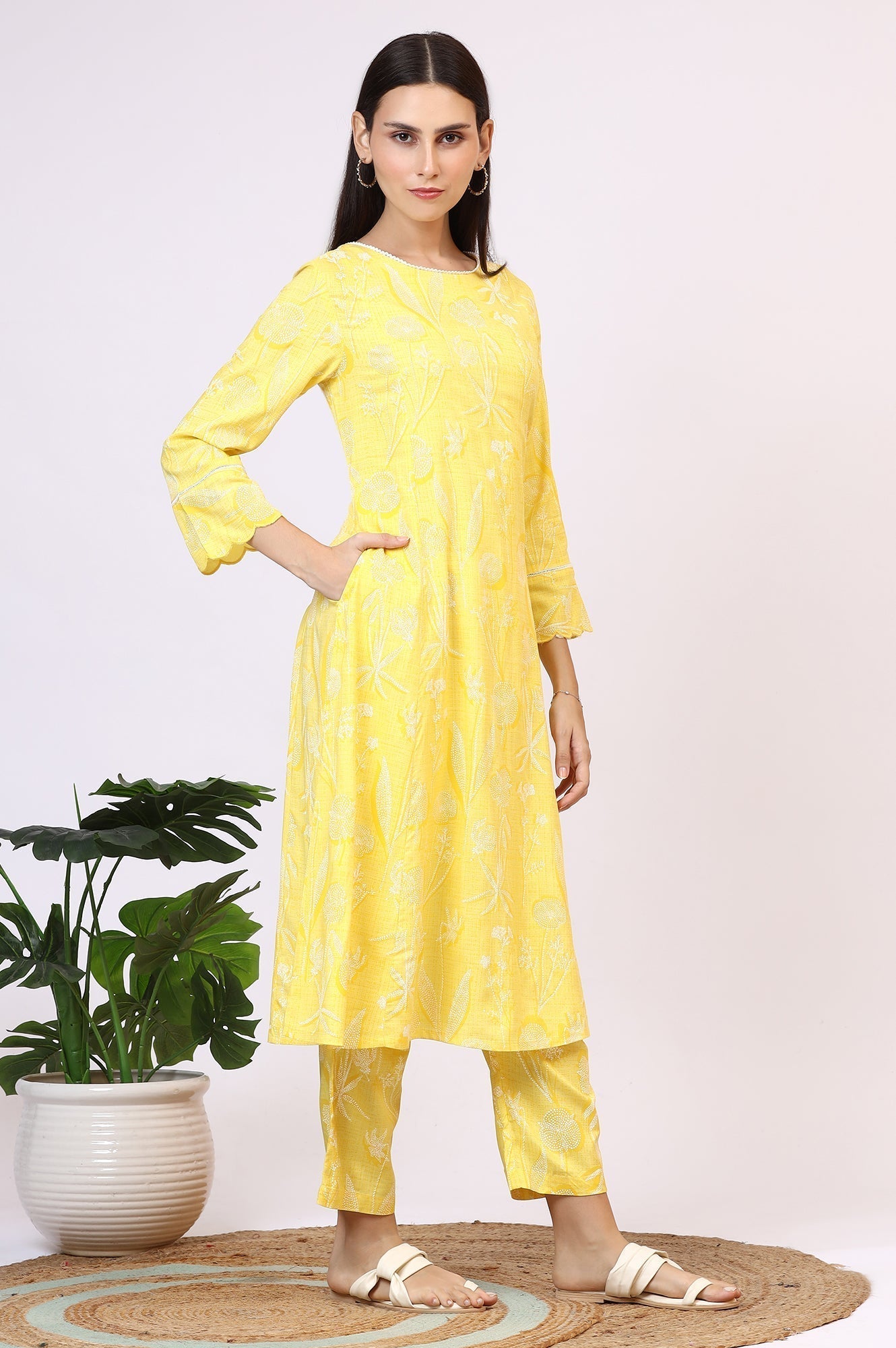 W for Woman Yellow Floral Printed Rayon A-line Kurta and Pants Set