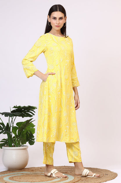 W for Woman Yellow Floral Printed Rayon A-line Kurta and Pants Set