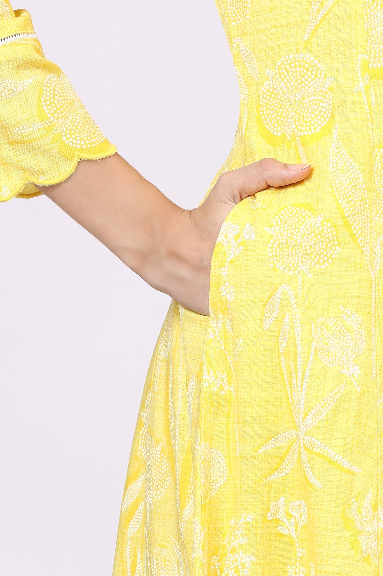 W for Woman Yellow Floral Printed Rayon A-line Kurta and Pants Set
