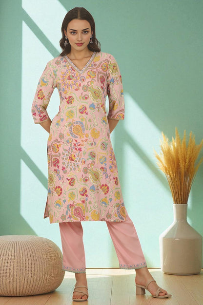 W for Woman Pink Floral Printed Rayon Straight Kurta and Pants Set