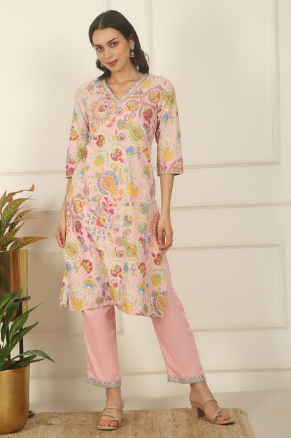 W for Woman Pink Floral Printed Rayon Straight Kurta and Pants Set