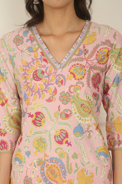 W for Woman Pink Floral Printed Rayon Straight Kurta and Pants Set