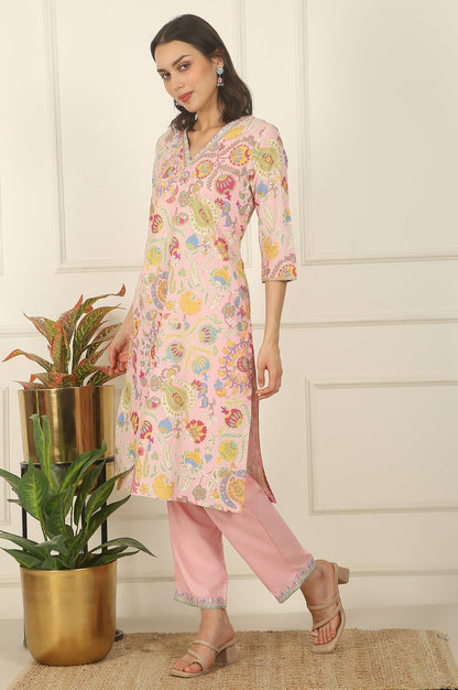 W for Woman Pink Floral Printed Rayon Straight Kurta and Pants Set