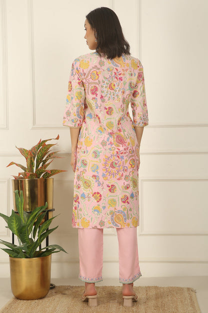 W for Woman Pink Floral Printed Rayon Straight Kurta and Pants Set