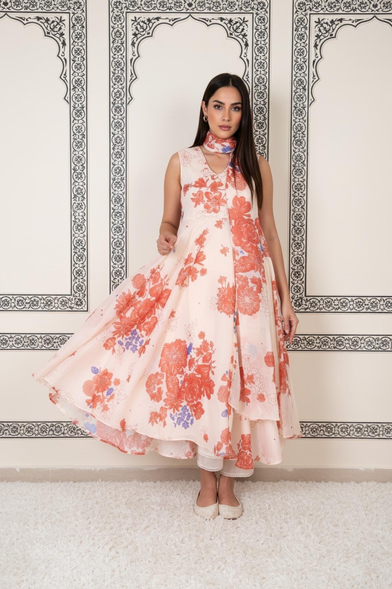 W for Woman Peach Floral Printed Flared Chanderi Kurta with Straight Pant and Dupatta Set