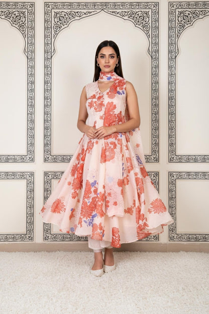 W for Woman Peach Floral Printed Flared Chanderi Kurta with Straight Pant and Dupatta Set