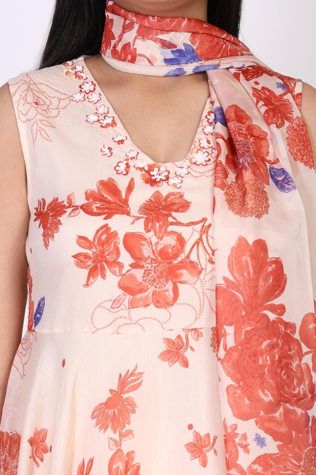W for Woman Peach Floral Printed Flared Chanderi Kurta with Straight Pant and Dupatta Set