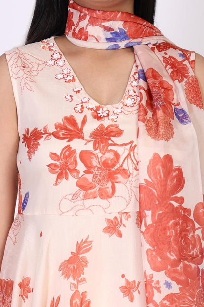 W for Woman Peach Floral Printed Flared Chanderi Kurta with Straight Pant and Dupatta Set