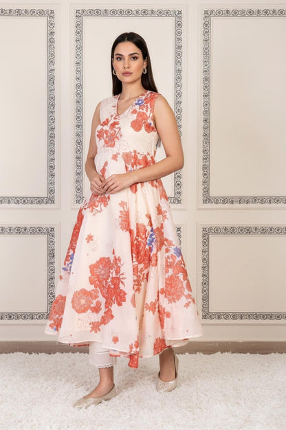 W for Woman Peach Floral Printed Flared Chanderi Kurta with Straight Pant and Dupatta Set