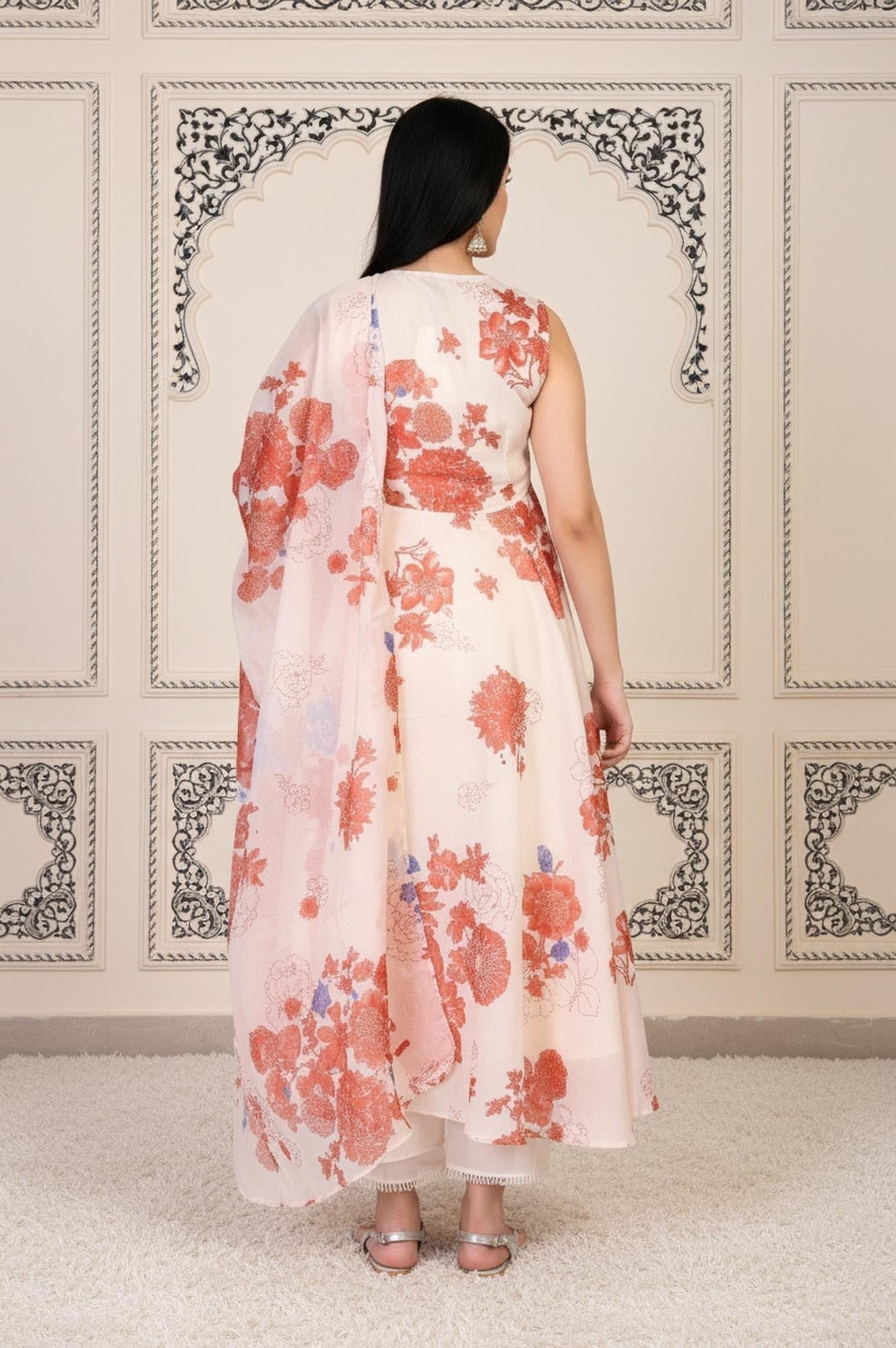 W for Woman Peach Floral Printed Flared Chanderi Kurta with Straight Pant and Dupatta Set